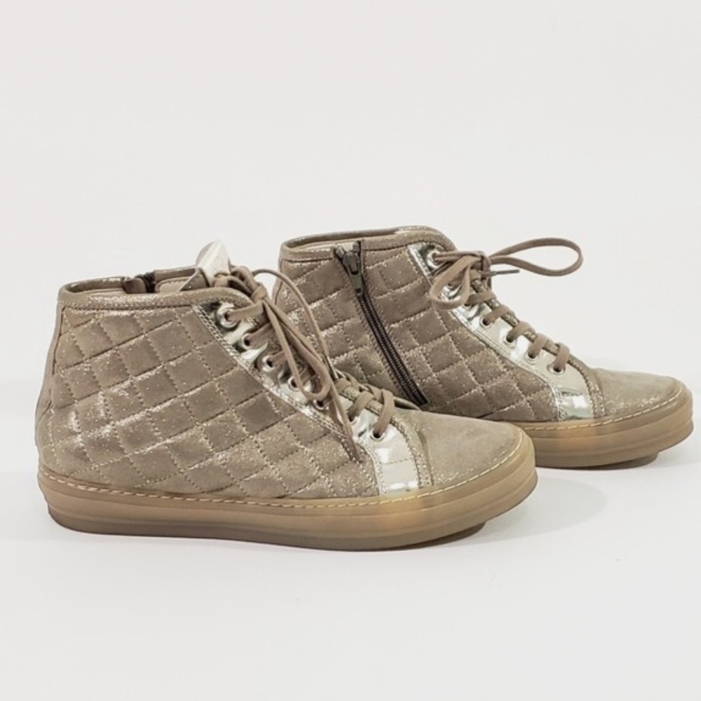 AGL Designer High Top Quilted Leather Fashion Sneakers Gold Size 41 US 10/10.5